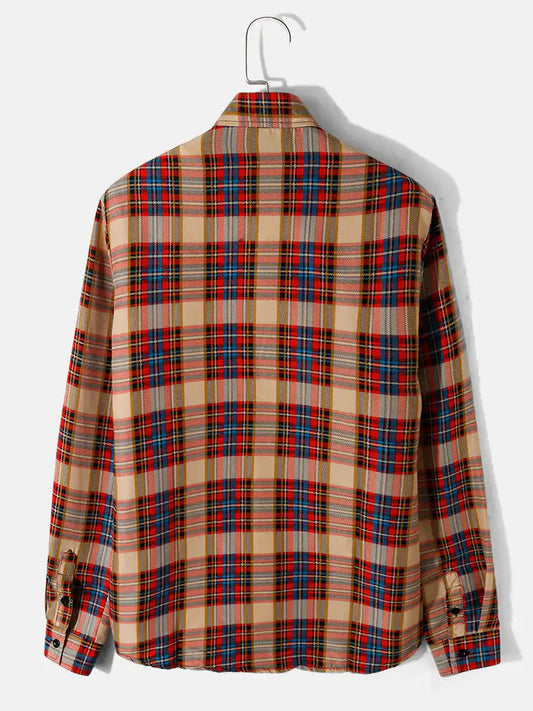 Mens Plaid Print Lapel Long Sleeve