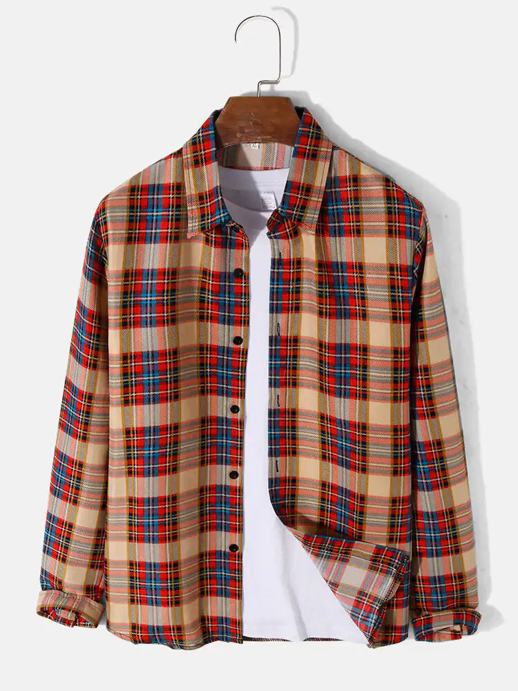 Mens Plaid Print Lapel Long Sleeve