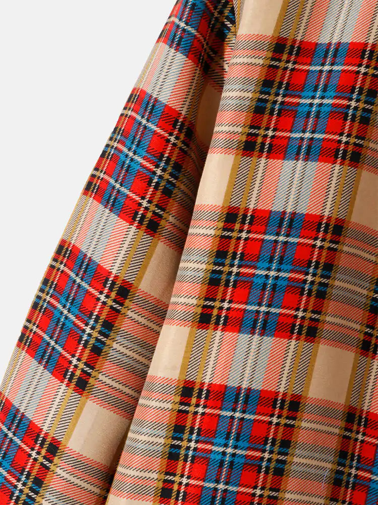 Mens Plaid Print Lapel Long Sleeve