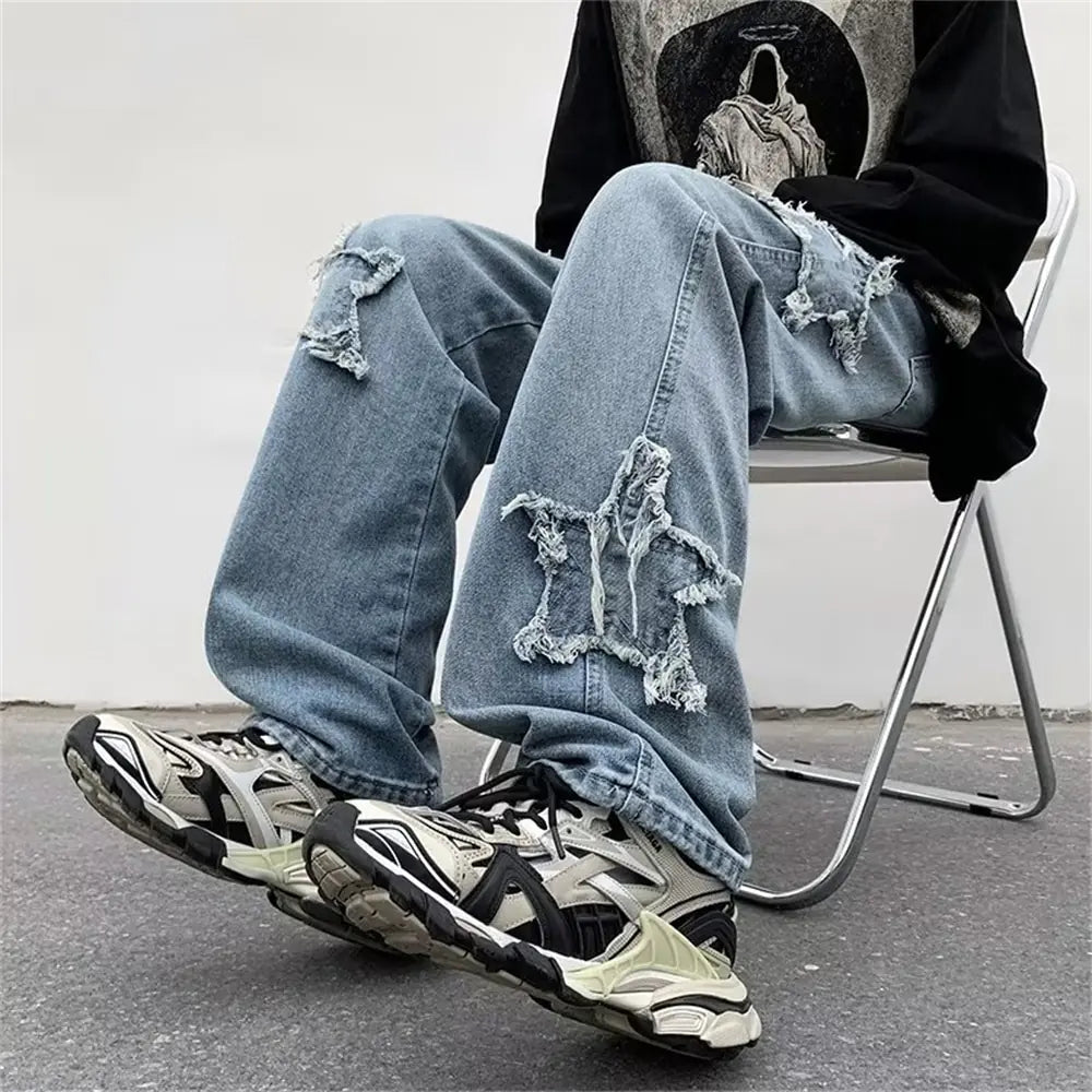 Stars Towel Embroidery Baggy Mens Jeans