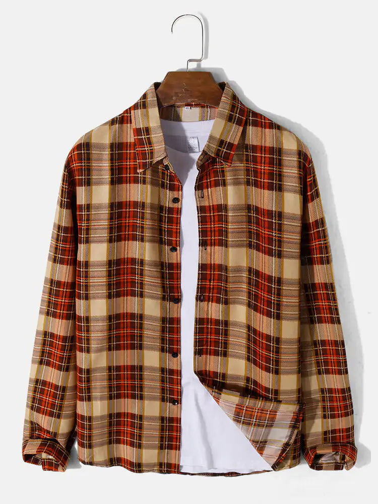 Mens Plaid Print Lapel Long Sleeve