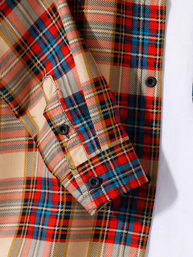 Mens Plaid Print Lapel Long Sleeve