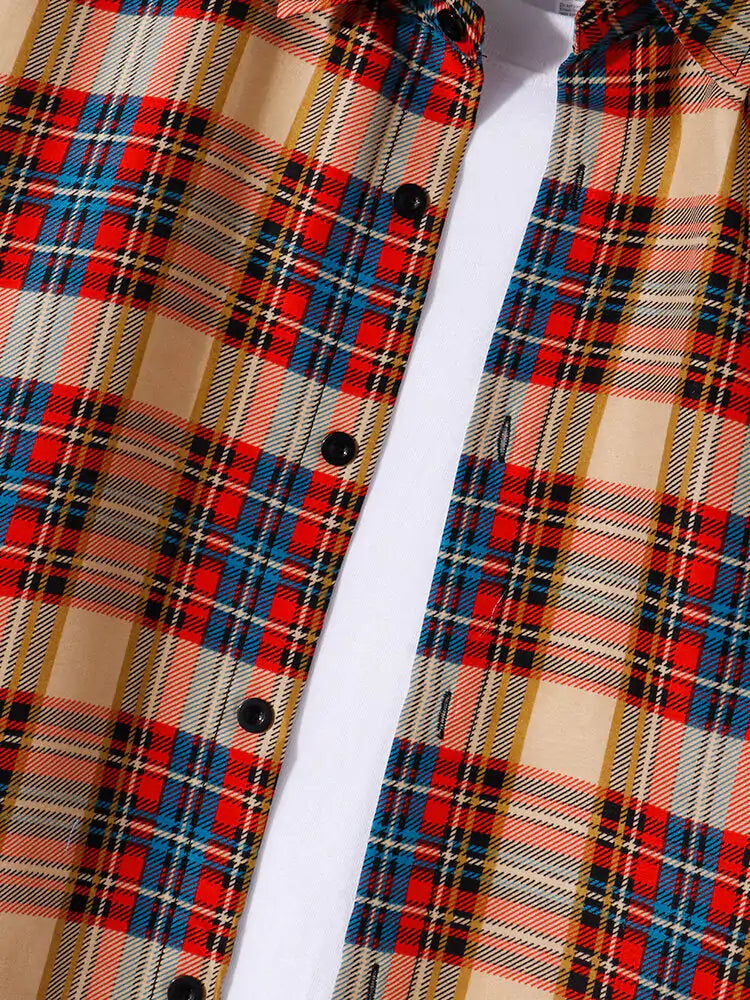 Mens Plaid Print Lapel Long Sleeve