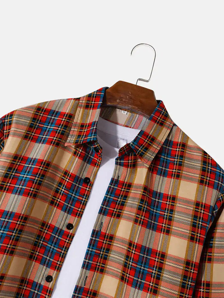 Mens Plaid Print Lapel Long Sleeve